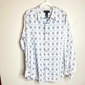Liz Claiborne C.H. Mens XXL Button Down Shirt White Blue Ikat Print Cotton L/S